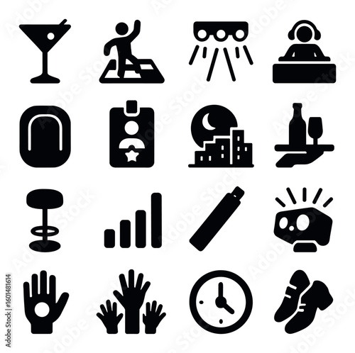 Nightlife silhouette icon set: cocktail, dance, dj, city skyline, lounge, music, night, shoes, hands, id badge, clock