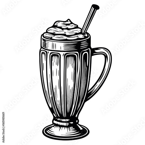 Indulge in delicious mango milkshake with creamy whipped topping in illustrated vintage style. Sweet mango milkshake refresher, ideal for summer treat or dessert, with a straw.