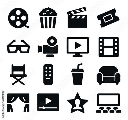 Cinema silhouette icon set: film, popcorn, clapboard, ticket, glasses, camera, monitor, chair, couch, stage, star