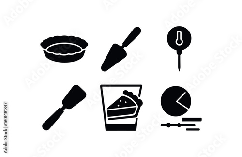 solid icon isolated pie pan mold pie server utensil pie temperature probe pie dough roller pie corner glass pie sequence chart