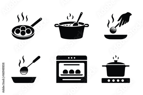 Cooking icons showing frying boiling baking and serving food preparation