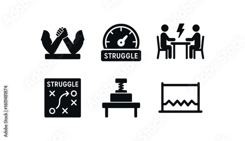 solid icon isolated stggle arm wrestling stand stggle resistance meter stggle negotiation table stggle war game board stggle stress test rig stggle obstacle course