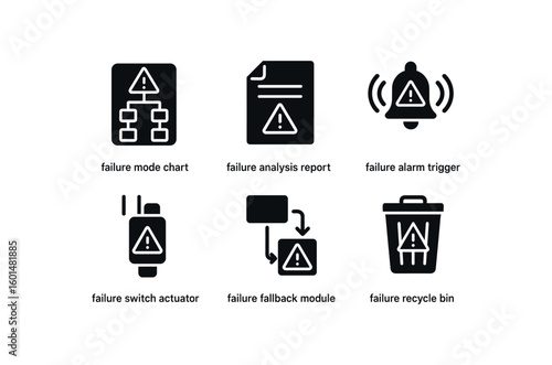 solid icon isolated failure mode chart failure analysis report failure alarm trigger failure switch actuator failure fallback module failure recycle bin
