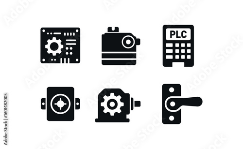 solid icon isolated automat controller board automat servo motor automat PLC module automat haptic actuator automat gear ucer automat latch mechanism
