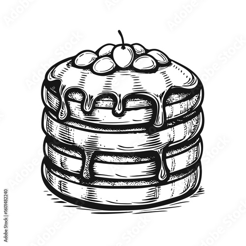 Matcha pancakes stack drawn in vintage style, drizzled with sauce and topped with nuts. Matcha pancakes represent delicious dessert and sweet food.