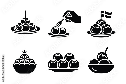 Food icons featuring meatballs and ice cream serving eating