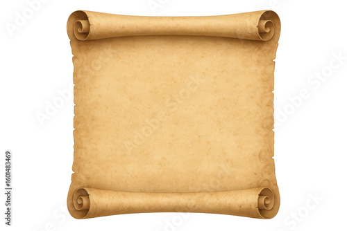 Vintage parchment scroll unfurling, revealing empty space for historical or medieval-inspired graphic layouts