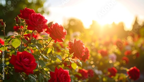 Fototapeta Naklejka Na Ścianę i Meble -  Lush red roses in sunlight