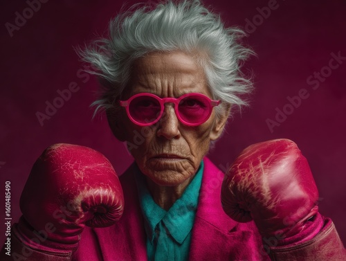 Empowered elderly woman showcases fierce boxing persona with vibrant pink gloves and jacket on transparent background
