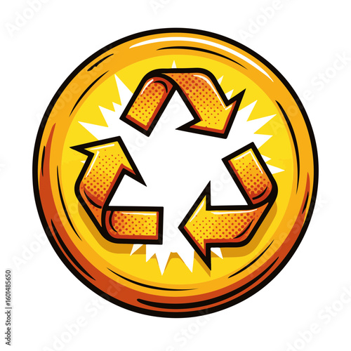 Colorful pop art style recycled plastic frisbee with dynamic shapes, isolated on white background, concept of eco-friendly fun activities.