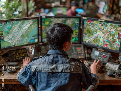 Man monitors multiple screens displaying detailed geographical data and complex controls in rustic setting.