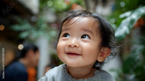 Wallpaper Mural An adorable baby girl with dark hair looks up with a joyful expression and bright eyes on a sunny day. Torontodigital.ca