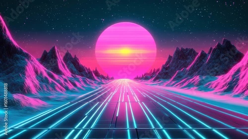 Retro wave drive landscape with neon glow and synth music vibes for 80s nostalgia