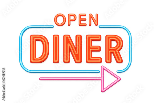 Vintage neon sign glowing pink, displaying open diner status with directional arrow on isolated background