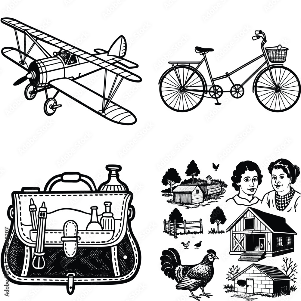 Fototapeta premium Vector art of a collection of vintage transportation and farm elements including an airplane bicycle satchel and farm scene isolated on white background