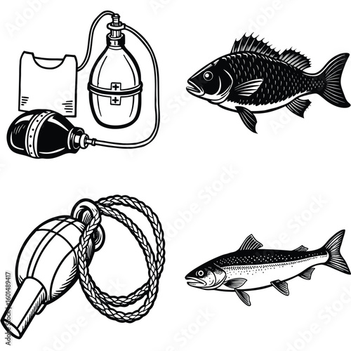 Vector art of a set of vintage illustrations featuring fish a whistle and lifesaving equipment