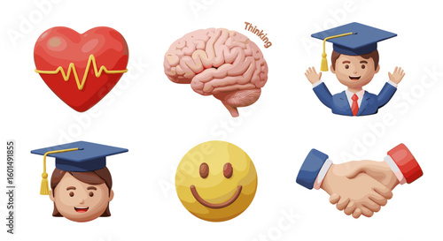 Illustration featuring heart with ekg brain with thinking text graduation figures and handshake image on transparent background