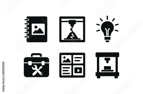 solid icon isolated design sketch pad prototype print creative spark igniter builder toolkit case concept storyboard panel fabricator press frame