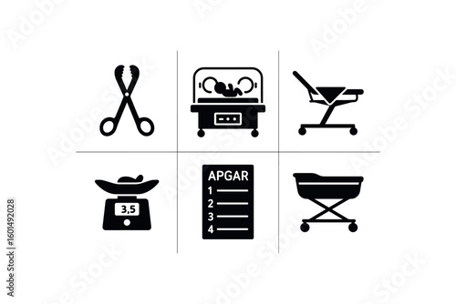 solid icon isolated umbilical clamp tool neonatal incubator chamber delivery bed drape birth scale Apgar score chart cradle bassinet frame