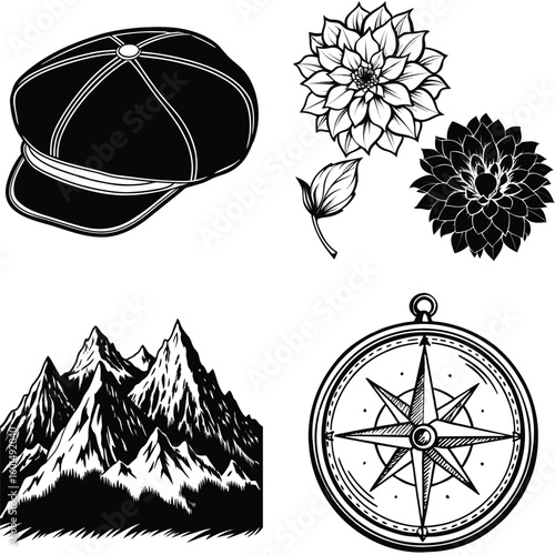 Vector art of a collection of graphic illustrations featuring a vintage cap blooming flowers majestic mountains and a navigational compass isolated on white background