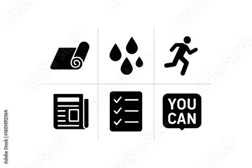 solid icon isolated yoga mat morning dew jogger newspaper to do list motivational quote