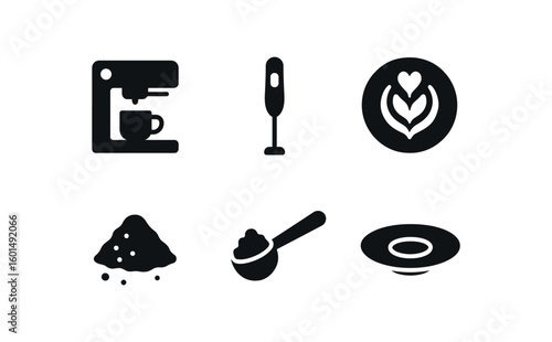 solid icon isolated coffee machine milk frother latte art coffee grounds coffee scoop saucer