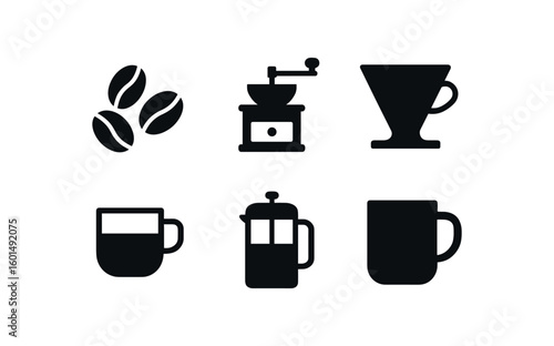 solid icon isolated coffee beans coffee grinder coffee filter espresso shot French press coffee mug