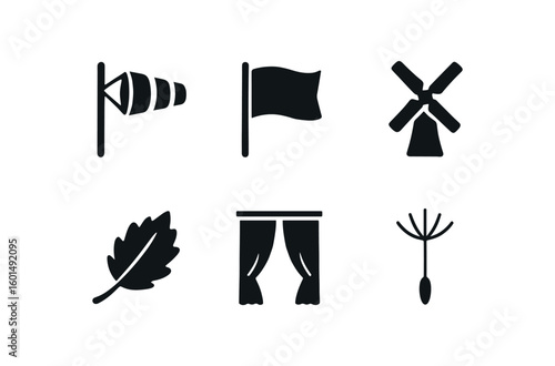 solid icon isolated wind sock fluttering flag spinning windmill falling autumn leaf draping curtain airborne dandelion seed
