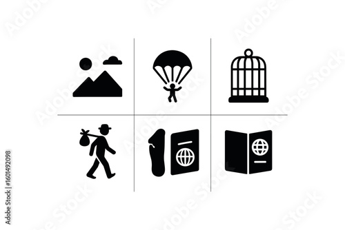 solid icon isolated wide horizon open sky parachute jump empty cage barefoot wanderer open passport
