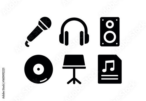 solid icon isolated music (equipment): microphone headphones speaker vinyl record music stand sheet music