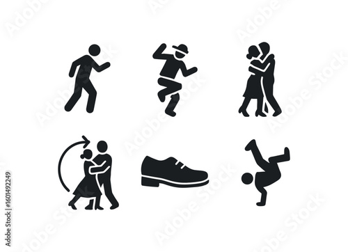 solid icon isolated rhythm (dance moves): salsa step hip hop move tango embrace waltz spin tap shoe breakdance freeze