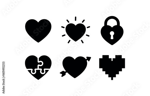 solid icon isolated heart (icons): heart glowing heart heart lock heart puzzle heart arrow piel heart