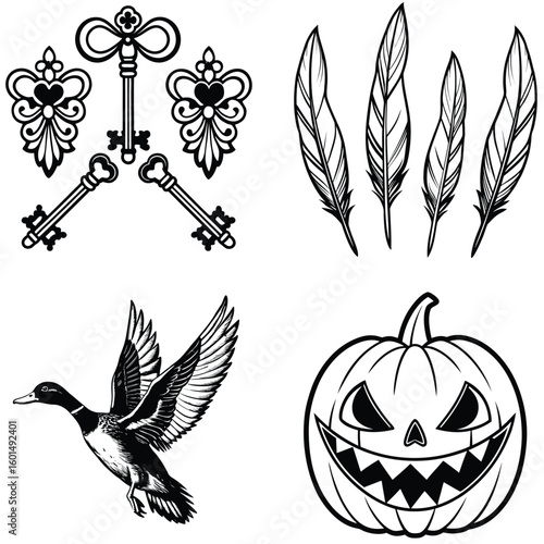 Vector art of a collection of graphic elements including ornate keys delicate feathers a flying duck and a carved jackolantern isolated on white background