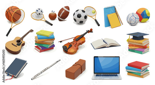 A collection of various school supplies and recreational items displayed against a white backdrop image shows all on transparent background