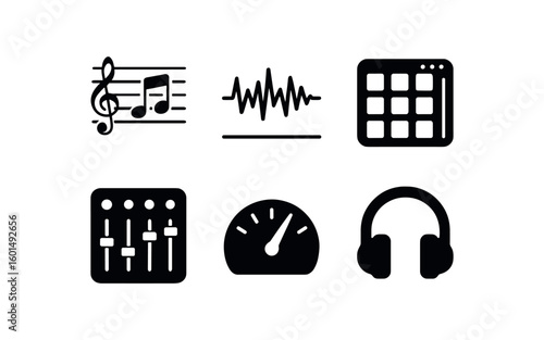 solid icon isolated music scale diagram music waveform graph music sampler pad music miing console music tuner dial music headphone speaker