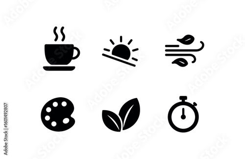 solid icon isolated morning coffee aroma morning shadow morning breeze gust morning sky palette morning freshness scent morning ritual timer