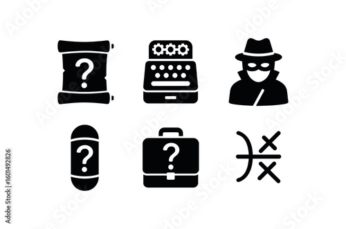 solid icon isolated mystery riddle scroll mystery enigma machine mystery masked figure mystery time capsule mystery unsolved case mystery cryptic symbol