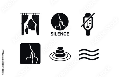 solid icon isolated silence hush curtain silence quiet zone silence noise meter silence void space silence zen garden silence calm current