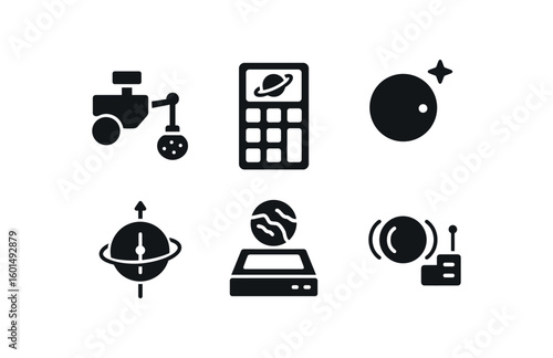 solid icon isolated planetary soil sampler planetary gravity assist calculator planetary transit sensor planetary rotation ais marker planetary topography scanner planetary magnetosphere