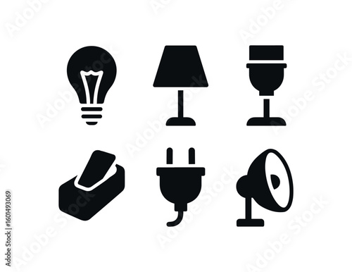 solid icon isolated lamp bulb filament lamp shade diffuser lamp base socket lamp switch lever lamp cord plug lamp reflector dish