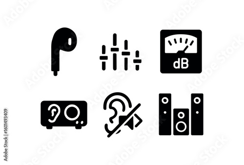 solid icon isolated listening earbud sensor listening frequency analyzer listening decibel meter listening audio interface listening noise isolator listening surround speakers