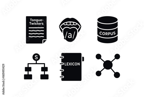 solid icon isolated language tongue twister chart language phoneme diagram language corpus database language synta tree language leicon inde language semantic network