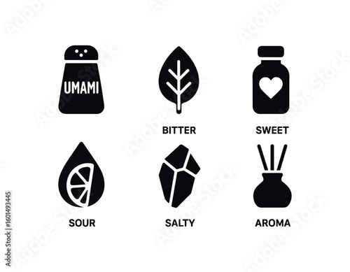 solid icon isolated taste umami enhancer taste bitter leaf taste sweet syp vial taste sour cits drop taste salty crystal shard taste aroma diffuser