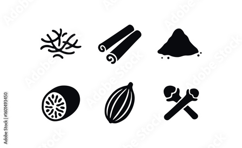 solid icon isolated spices saffron spices cinnamon bark spices turmeric powder spices nutmeg seed spices cardamom pod spices cloves bud