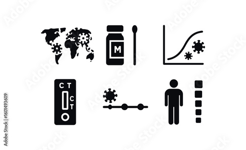 solid icon isolated disease disease outbreak map disease diagnosis kit disease progression curve disease antigen test disease history time disease severity scale