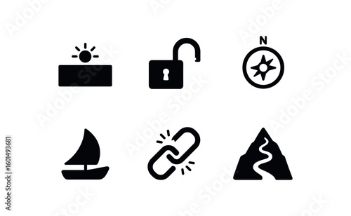 solid icon isolated open sky horizon unlocked shackle link pathfinder compass sail unfurled sheet breaking chain link bare mountain trail