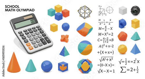 Illustration of a calculator with geometric shapes, math equations, and school math olympiad text above on transparent background