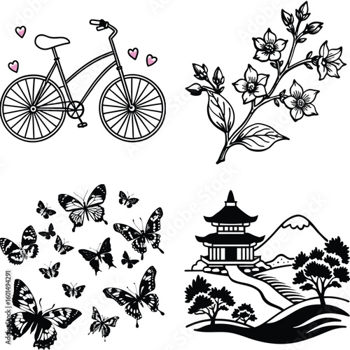Vector art of a vibrant collection of four illustrations a classic bicycle with hearts a branch of blooming flowers a swarm of butterflies and a serene japanese temple landscape