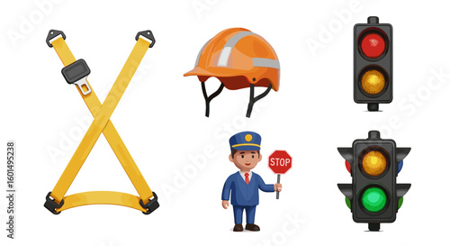 A collection of safety equipment including harness helmet traffic lights and a crossing guard figure on transparent background