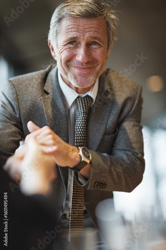 The financial advisor greets the client and shakes his hand. Portrait of a businessman during an office meeting
